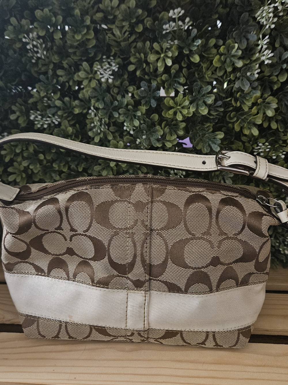 Vintage Coach Signature Stripe Y2K Collection ~2008 Khaki/White Demi Bag Hobo GC